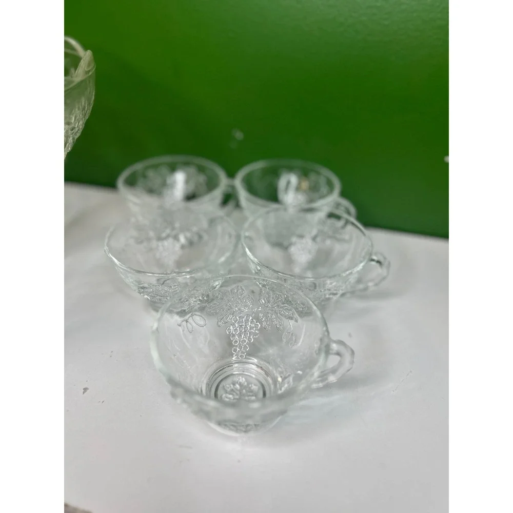 Vintage Clear Pressed Glass Grape Harvest Punch Bowl Set with 5 Cups and Ladle